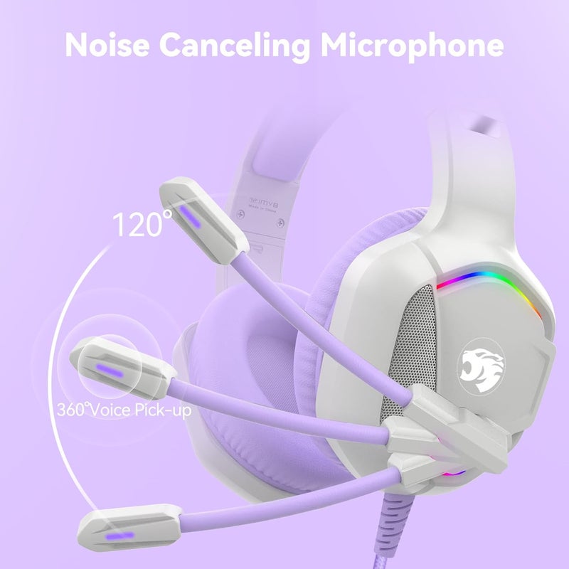 IMYB Gaming Headset with Microphone for Pc, Xbox One Series X/s, Ps4, Ps5, Switch, Stereo Wired Noise Cancelling Over-Ear Headphones with Mic, RGB, for Computer, Laptop, Mac, Nintendo (White Purple) - Image 3